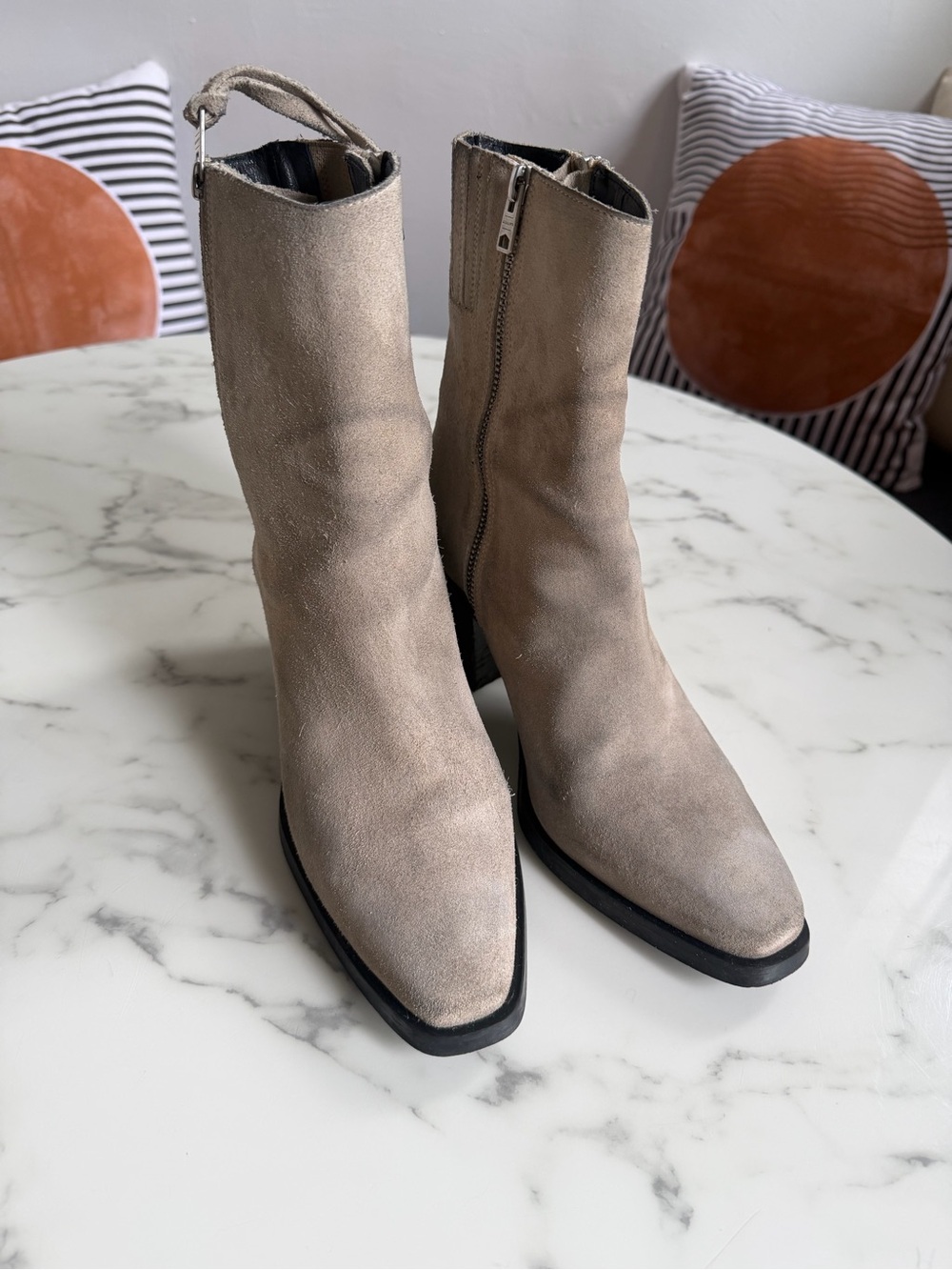 All Saints Cohen Suede Pointed-Toe Zip Ankle Boots in Stone Ivory